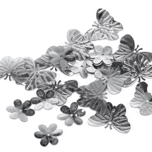 Lentejuelas Mariposas y Flores plateadas